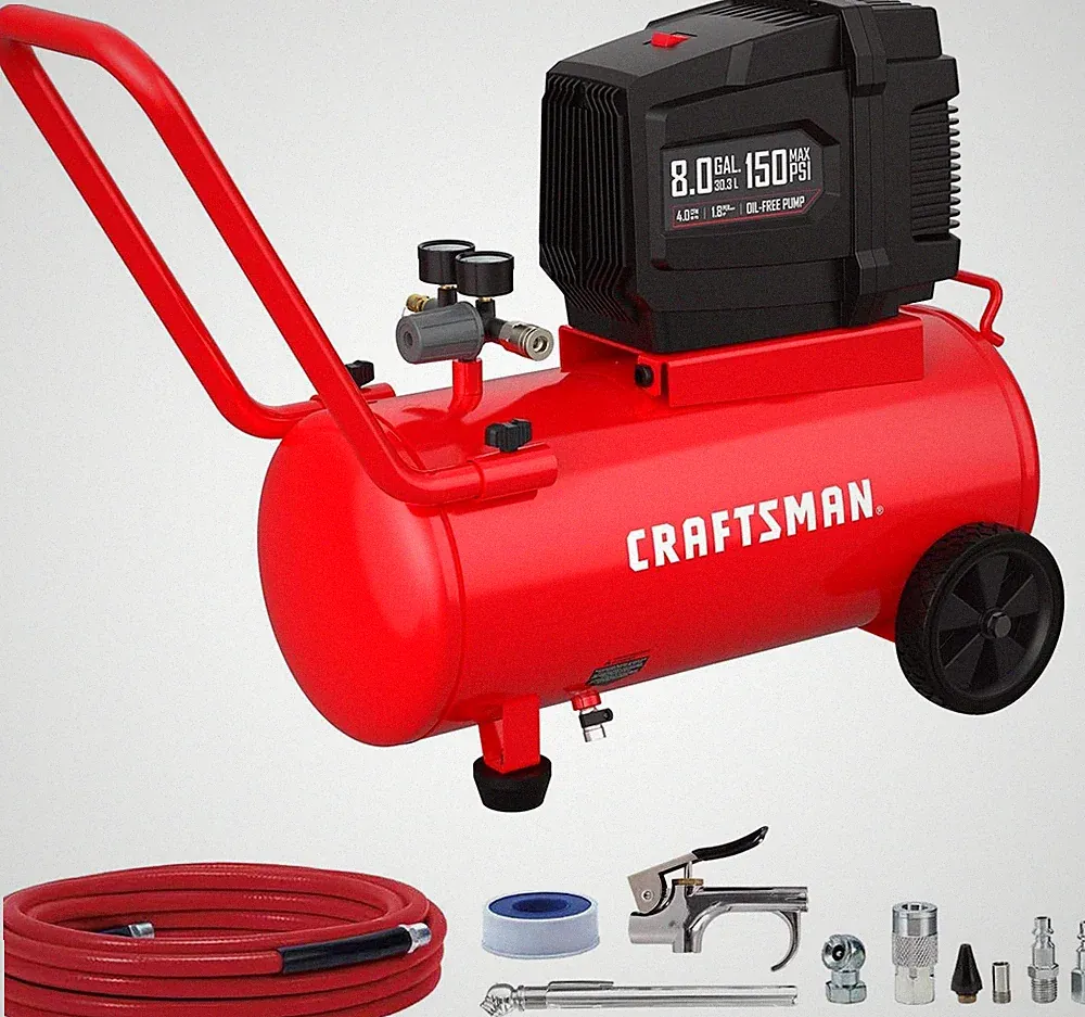 CRAFTSMAN Air Compressor 8 Gallon Oil-Free 1.8 HP Max 150 PSI Horizontal Tank wi